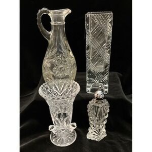 Lot Of Four 4 Pieces Crystal Bud Vase, Shaker, Toothpick Holder, Cruet (no lid)